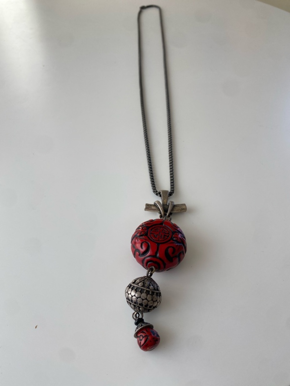 Red Carved Bead Pendant Necklace with Silver Accents - Women's Jewelry